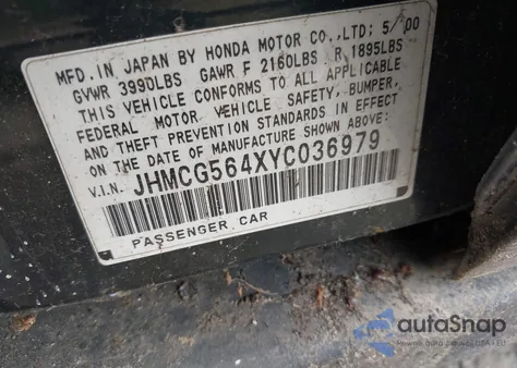 2000 Honda Accord 2.3 Lx from USA, damaged, VIN JHMCG564XYC036979